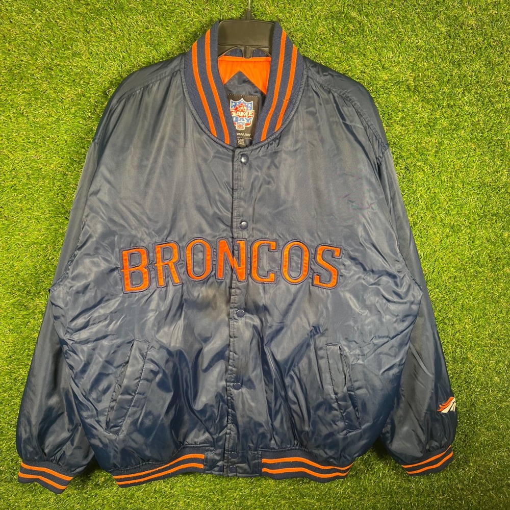 NFL Game Day Denver Broncos Bomber Jacket Navy Blue Orange Mens XL